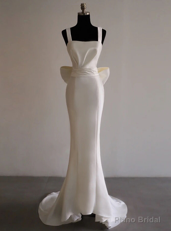 White Satin Straps Pleats Wedding Dress With Bow Main image