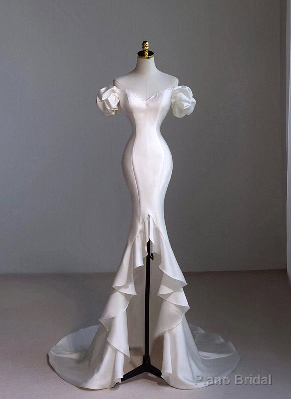 White Satin Sweetheart Beaded Wedding Party Dress, White Satin High Low Formal Dress Main image
