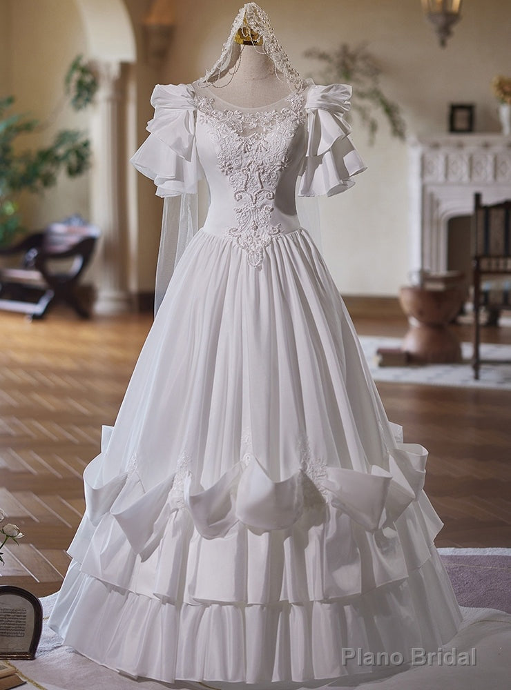 White Satin Tiers Appliques Wedding Dress Main image