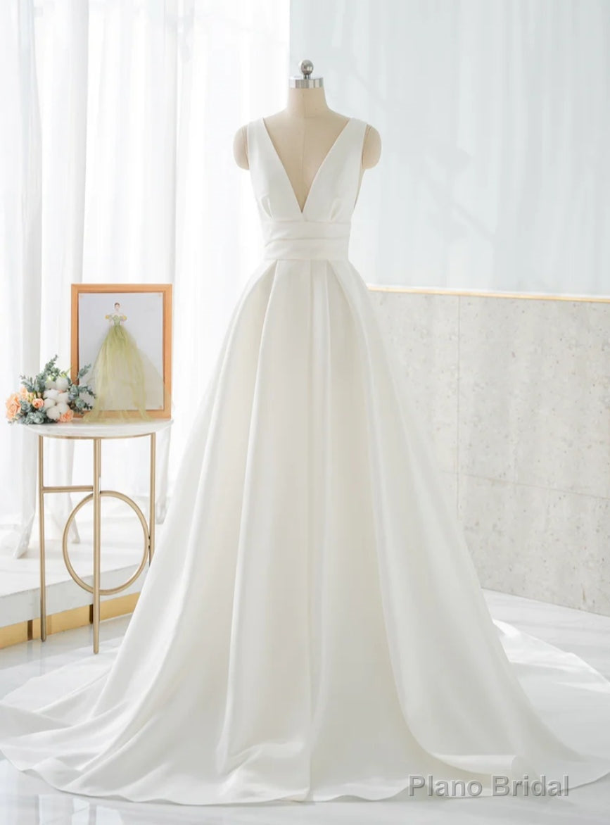 White Satin V-Neck Backless Pleats Wedding Dress Main image