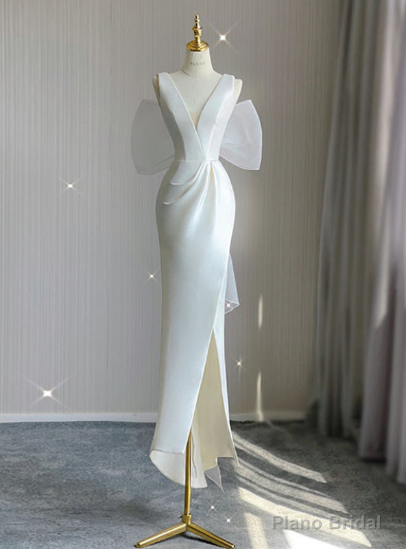 White Satin V-neck Split Wedding Dress Main image