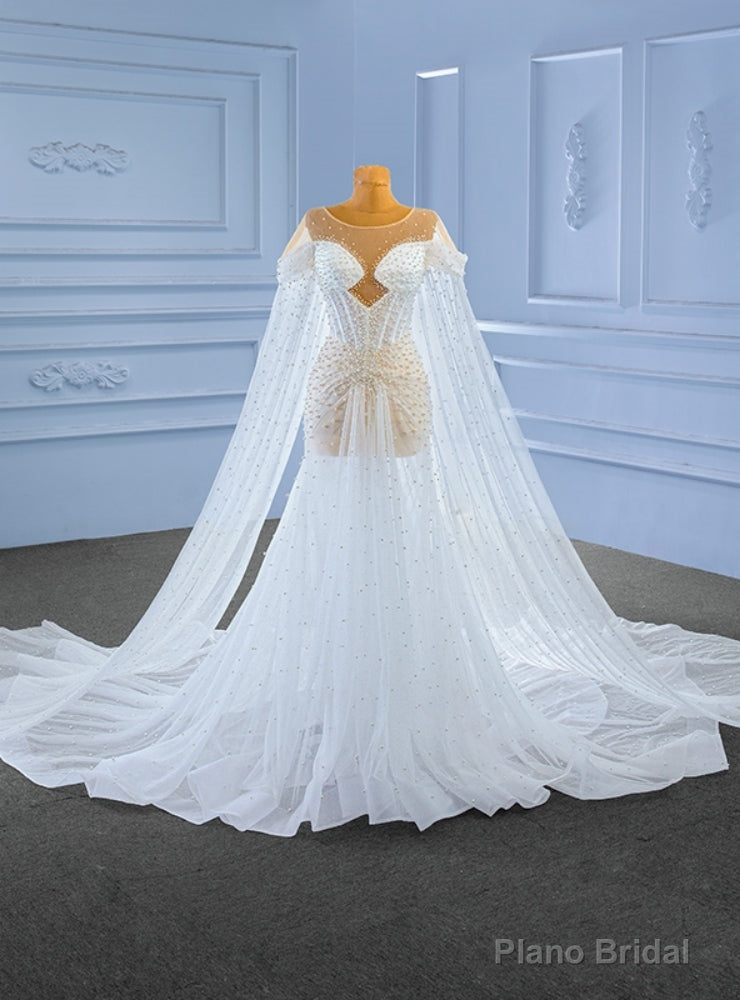 White See Through Tulle Pearls Wedding Dress Main image