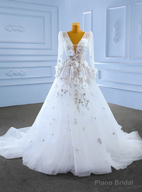 White See Through Tulle V-neck Long Sleeve Appliques Wedding Dress Main image