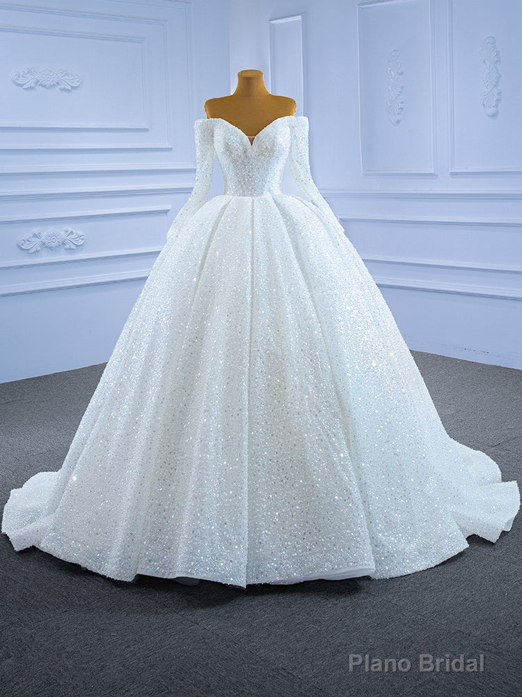 White Sequins Beading Long Sleeve Wedding Dress Main image