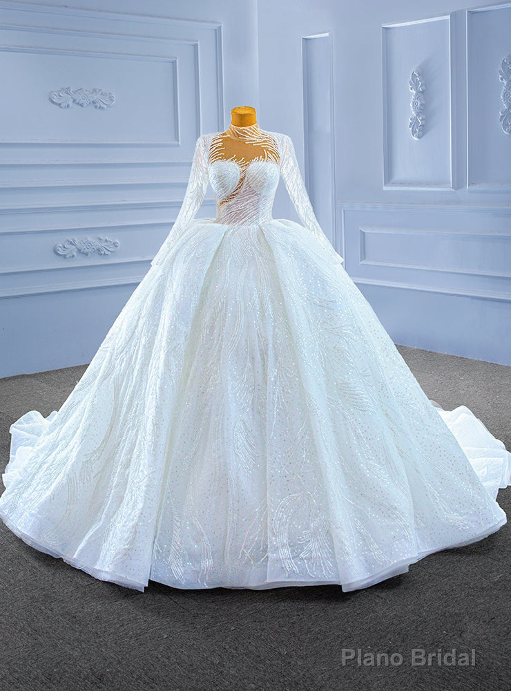 White Sequins Long Sleeve High Neck Wedding Dress Main image