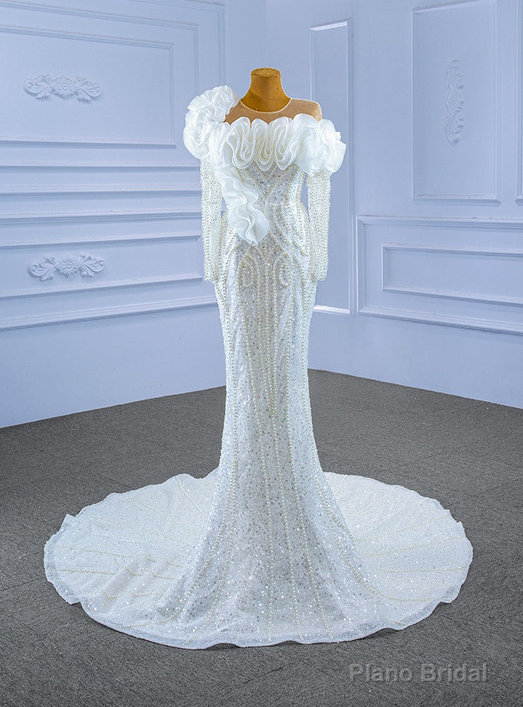 White Sequins Mermaid Pearls Long Sleeve Wedding Dress Main image