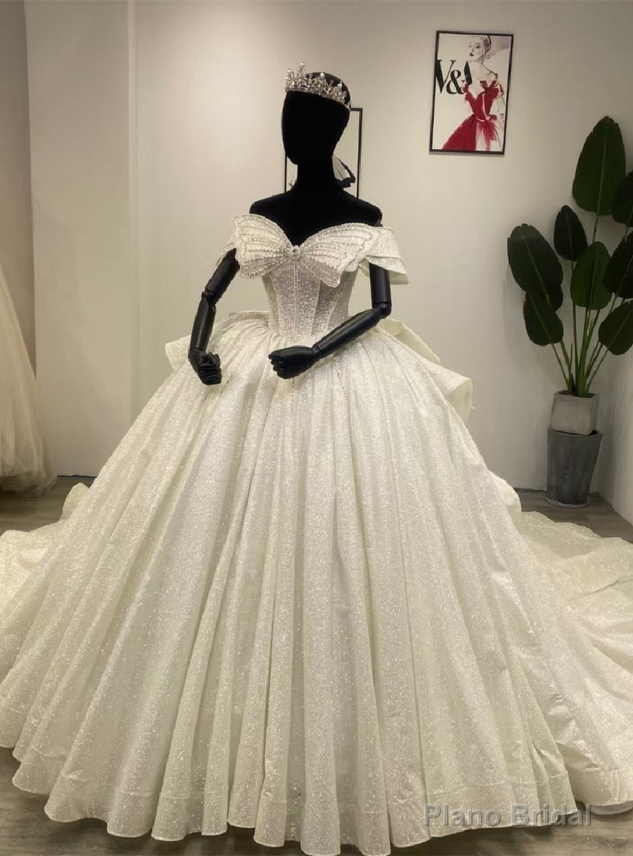 White Sequins Off the Shoulder Beading Wedding Dress Main image