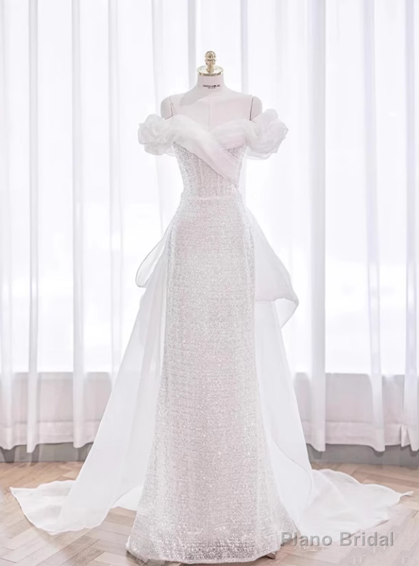 White Sequins Off the Shoulder Wedding Dress Main image