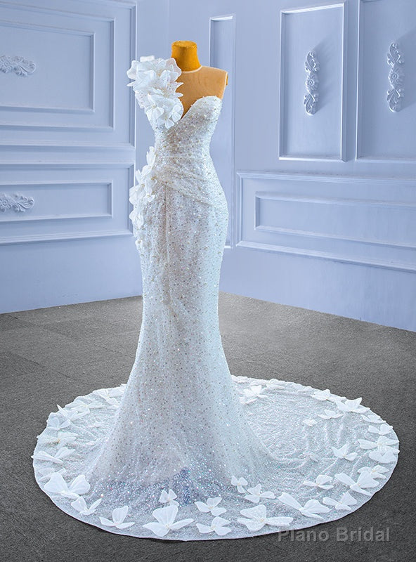 White Sequins Pearls Mermaid Appliques Wedding Dress Main image