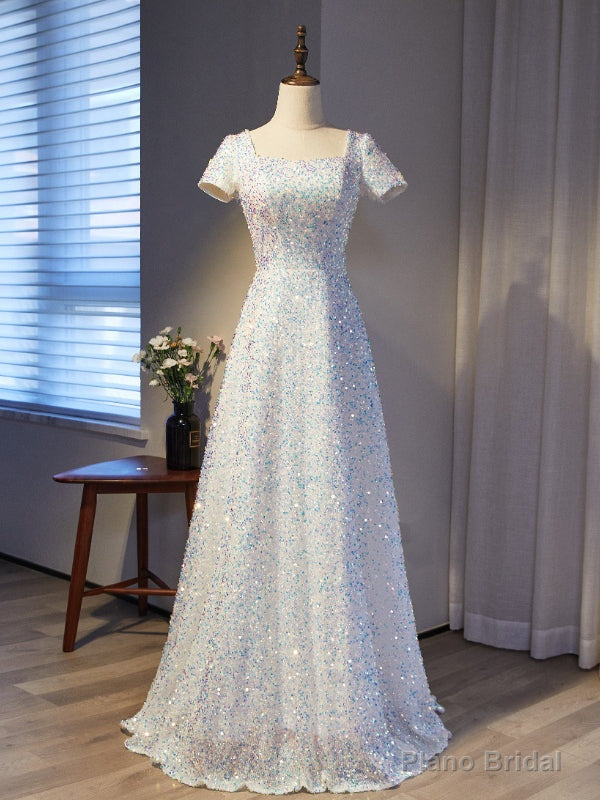 White Sequins Square Short Sleeve Prom Dress Main image