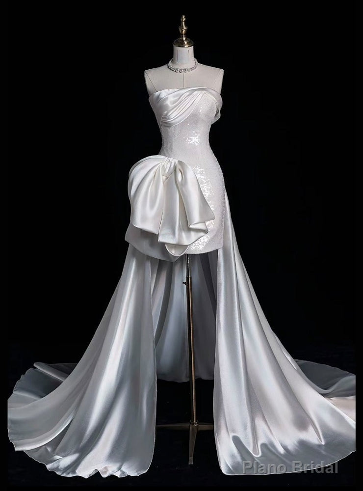 White Sheath Sequins Satin Strapless Wedding Dress Main image