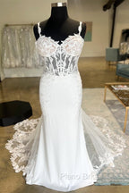 White Sheer Corset Mermaid Wedding Dresses With Mesh Train Sexy
