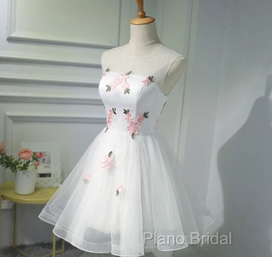 White Short Cute Graduation Party Dresses , Lovely Formal Prom Dresses , Formal Dresses Tulle With Flowers