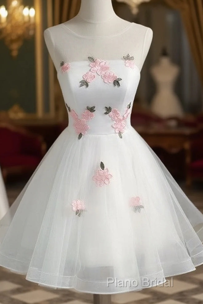 White Short Cute Graduation Party Dresses , Lovely Formal Prom Dresses , Formal Dresses Tulle With Flowers