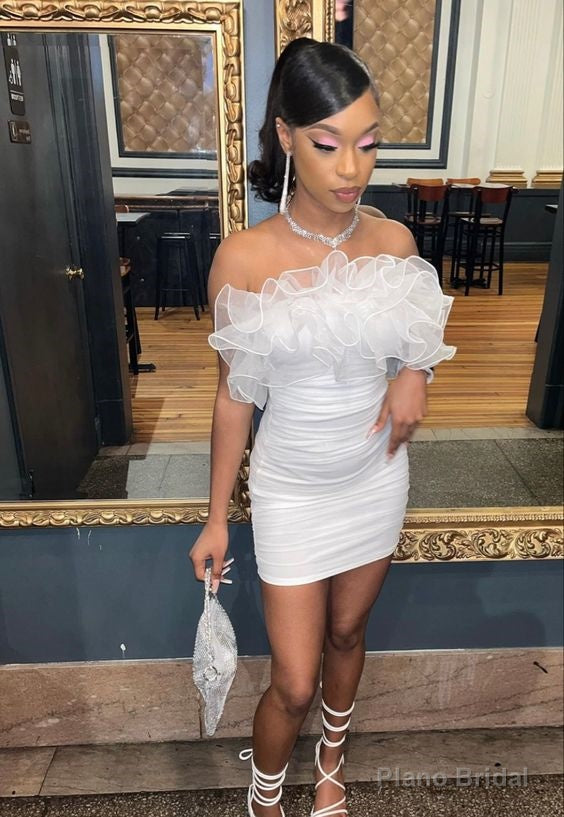 White Short Homecoming Dress With Ruffles,Sexy Hoco Dresses Main image