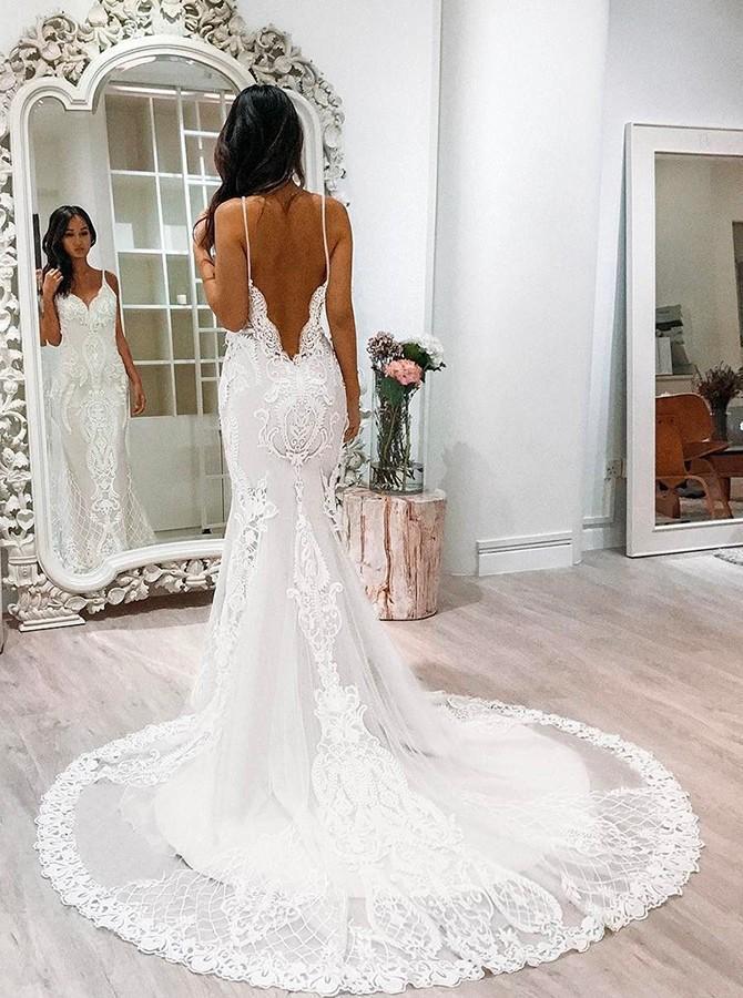 Straps Lace Full Length Fashion Dresses Spaghetti-Straps Tulle Long Wedding Dresses