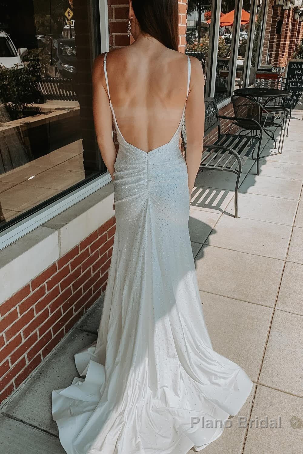 White Spaghetti Straps Backless Long Prom Dress With Beading Secondary image