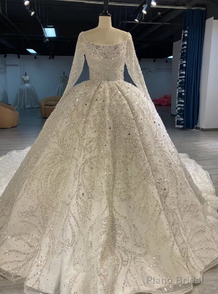 White Square Long Sleeve Heavy Beading Wedding Dress Main image