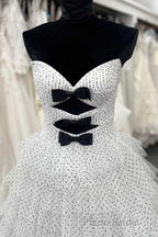 White Strapless Swiss Dot Layered Long Formal Prom Dresses
