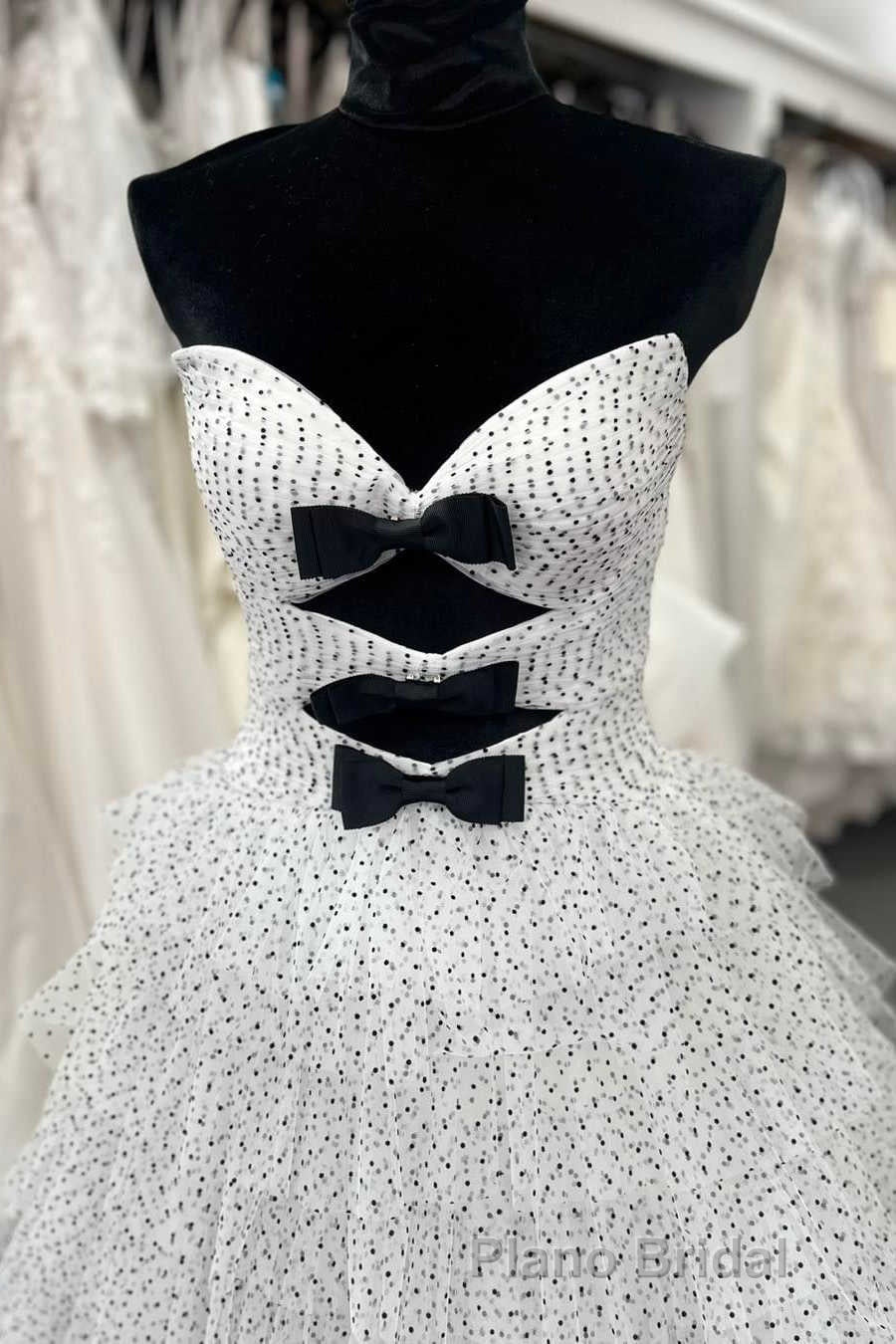 White Strapless Swiss Dot Layered Long Formal Prom Dresses