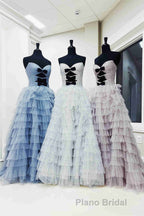 White Strapless Swiss Dot Layered Long Formal Prom Dresses