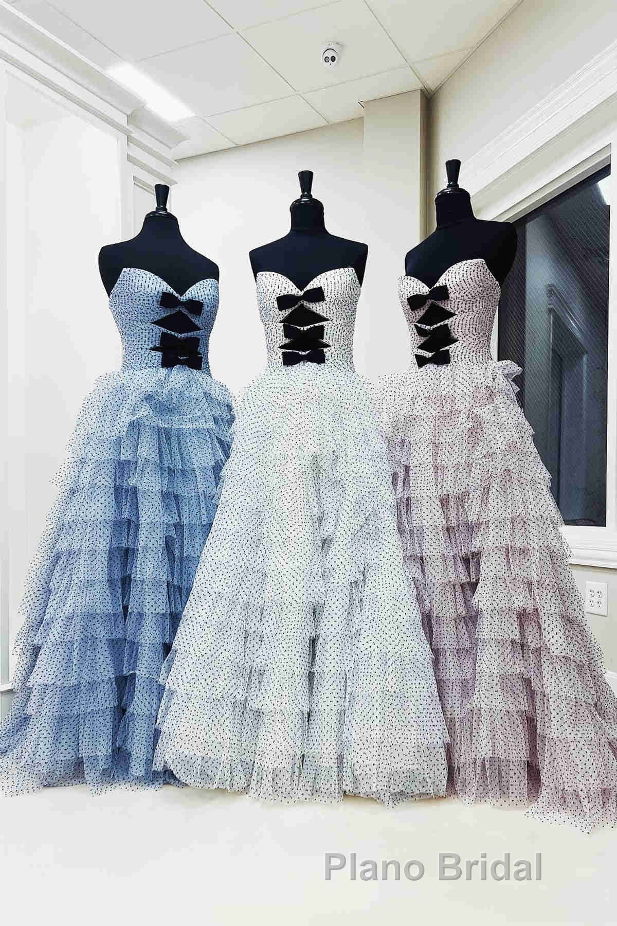 White Strapless Swiss Dot Layered Long Formal Prom Dresses