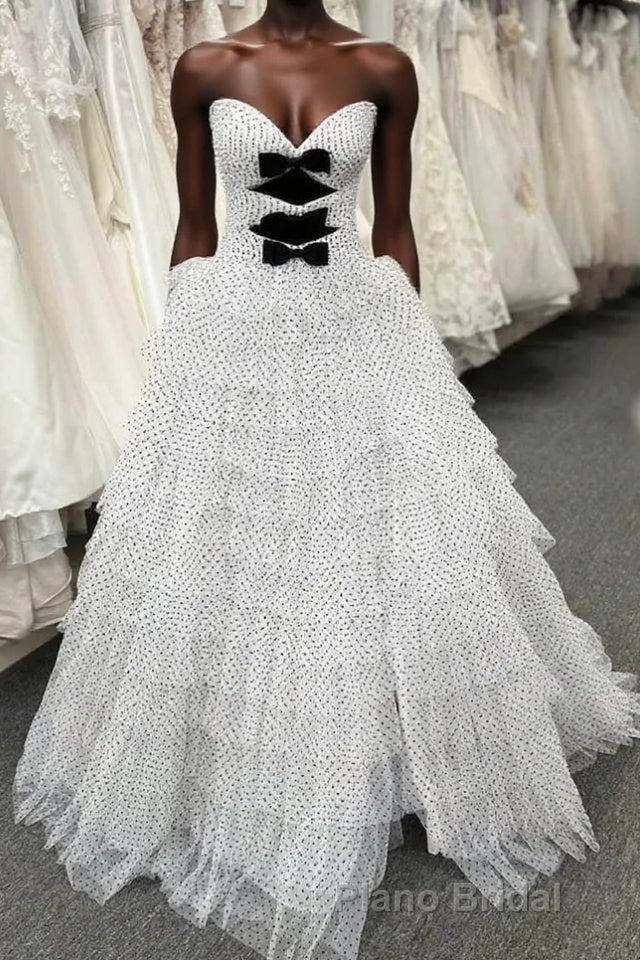 White Strapless Swiss Dot Layered Long Formal Prom Dresses Main image