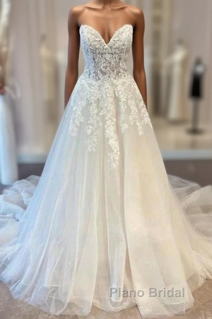 White Sweetheart A-Line Wedding Dresses Tulle Lace Bridal Dresses With Sweep Train Off Shoulder Elegant Main image