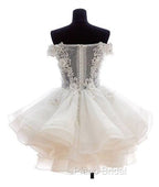 White Sweetheart Lace Applique Short Formal Prom Dresses, Cute White Homecoming Dresses