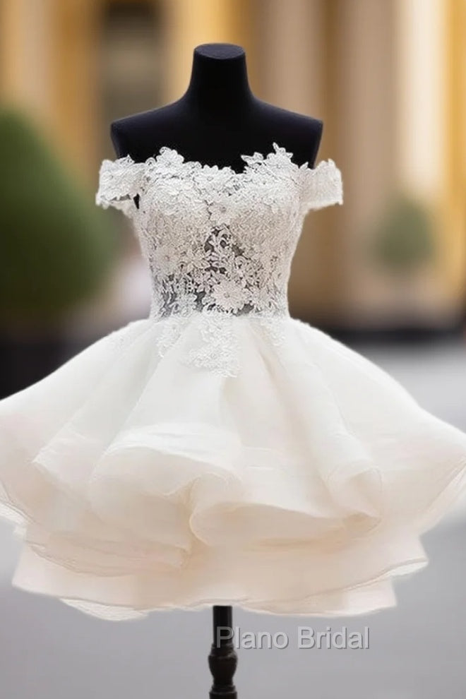 White Sweetheart Lace Applique Short Formal Prom Dresses, Cute White Homecoming Dresses