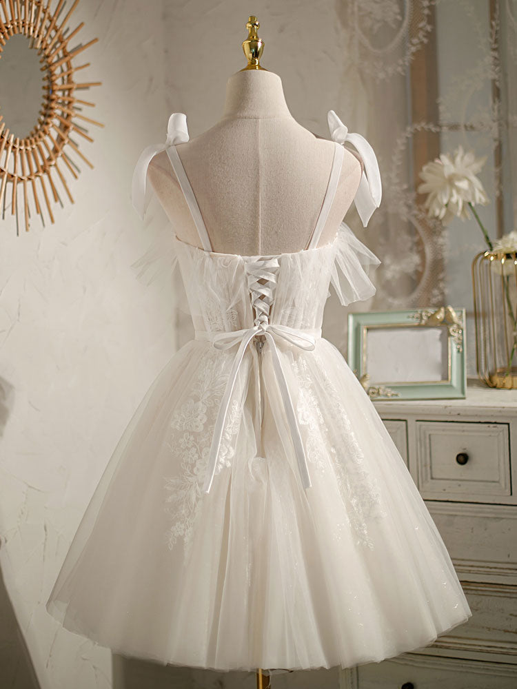 White Sweetheart Neck Tulle Lace Short Formal Prom Dresses, White Tulle Formal Dresses