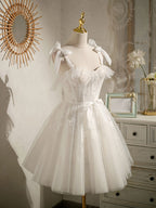 White Sweetheart Neck Tulle Lace Short Formal Prom Dresses, White Tulle Formal Dresses