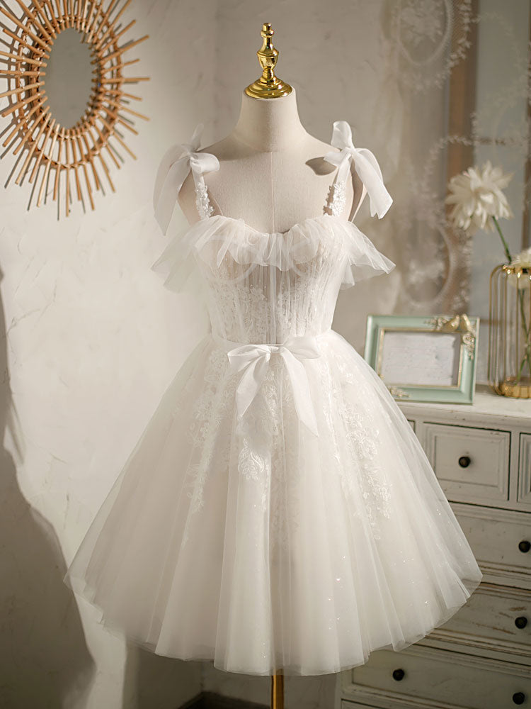 White Sweetheart Neck Tulle Lace Short Formal Prom Dresses, White Tulle Formal Dresses Main image