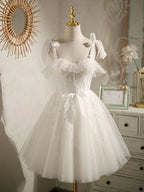 White Sweetheart Neck Tulle Lace Short Formal Prom Dresses, White Tulle Formal Dresses