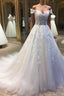 White sweetheart tulle lace applique long Formal Prom dress, wedding dress