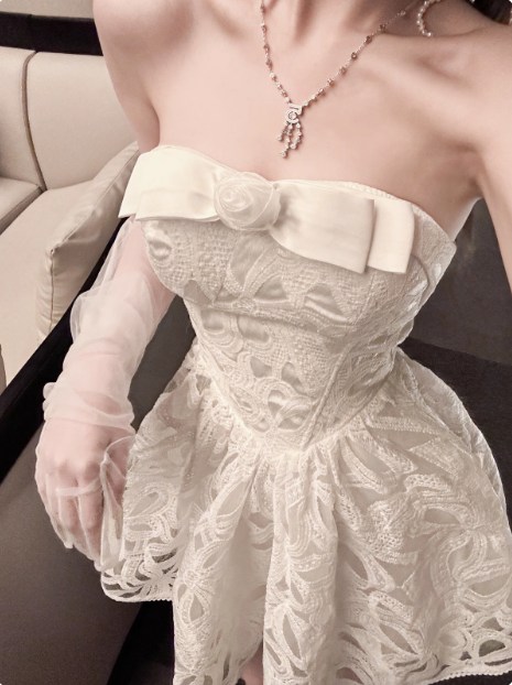 White Tube Top Bow Lace Birthday Dresses Cute Homecoming Dresses Main image