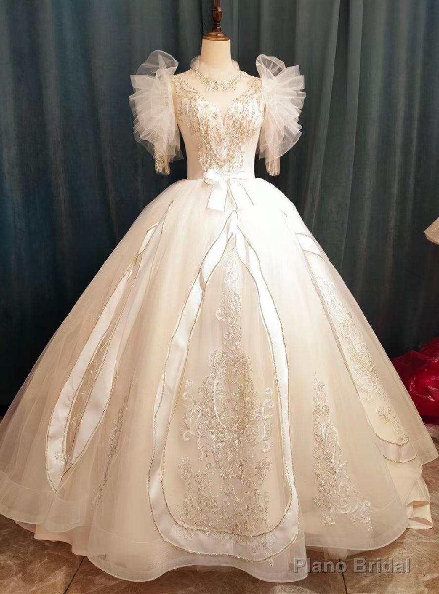 White Tulle Appliques Beading Open Back Wedding Dress Main image