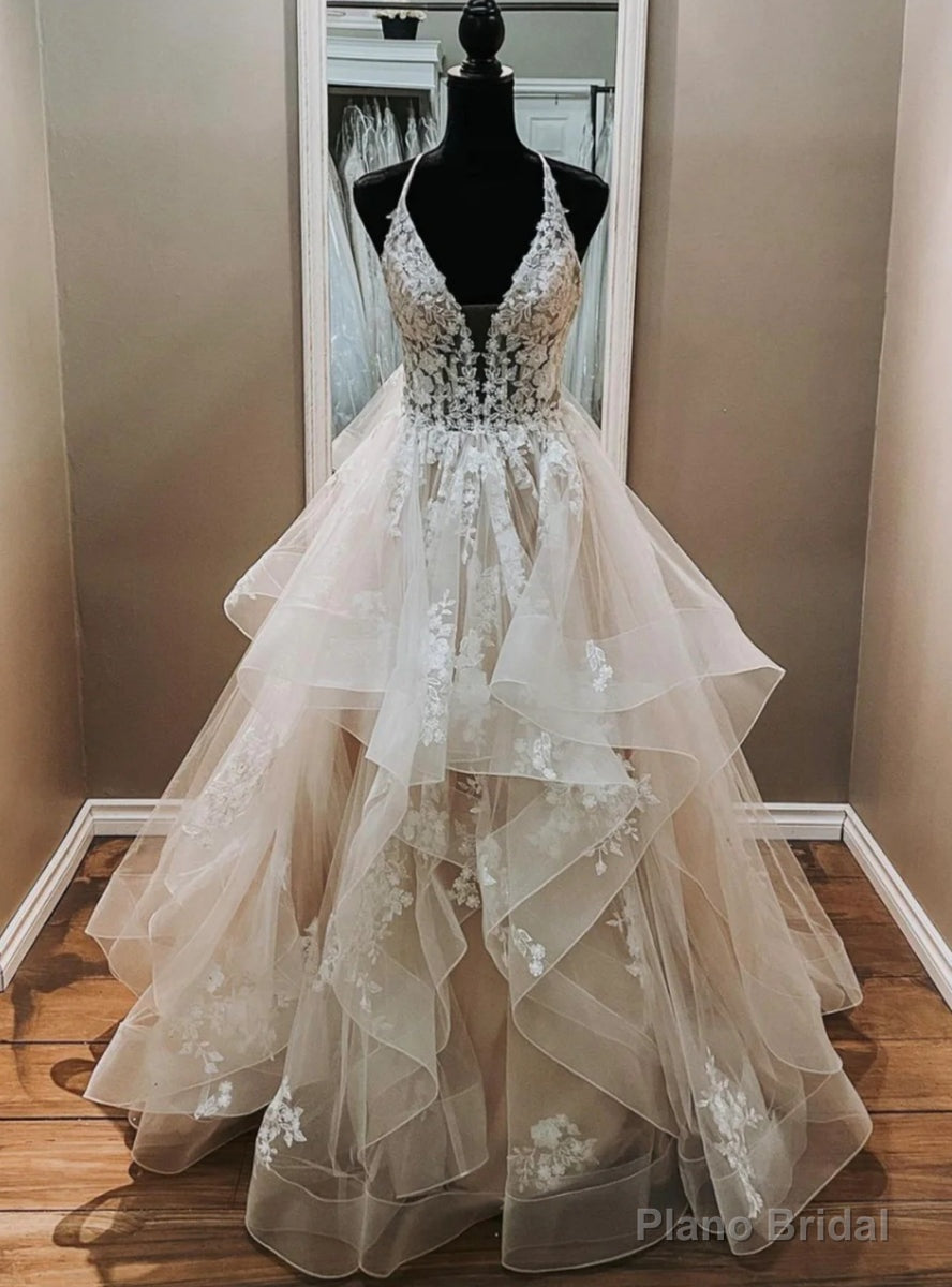 White Tulle Appliques V-neck Wedding Dress Main image