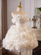 White Tulle Flower Ball Gown Short Formal Prom Dresses, Cute Sweet 16 Dresses
