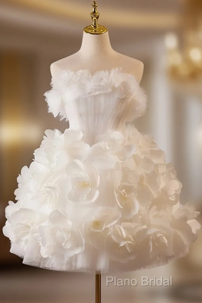 White Tulle Flower Ball Gown Short Formal Prom Dresses, Cute Sweet 16 Dresses