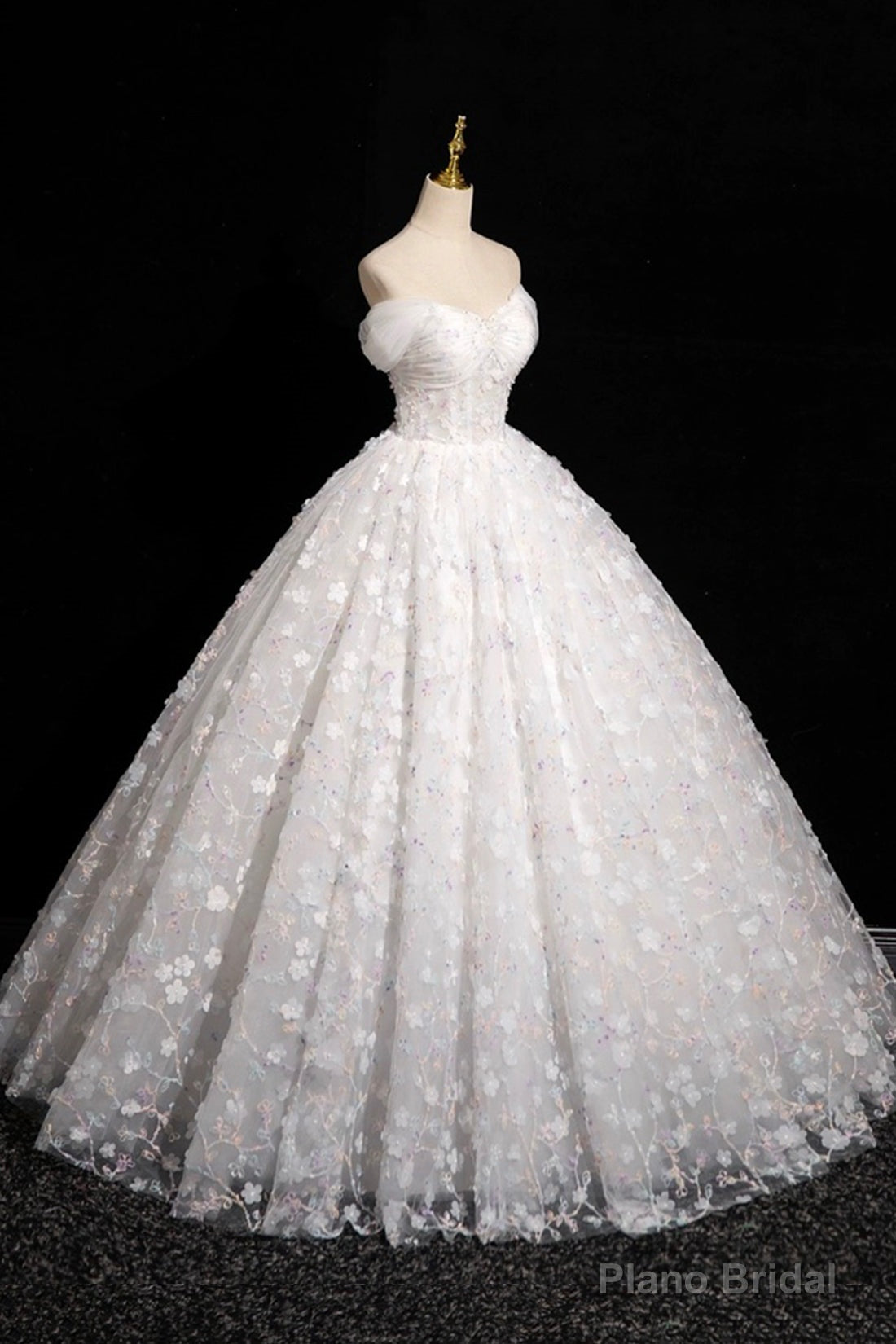 White Tulle Flowers Floor Length Prom Dresses, Beautiful A-Line Backless Sweet 16 Formal Dresses
