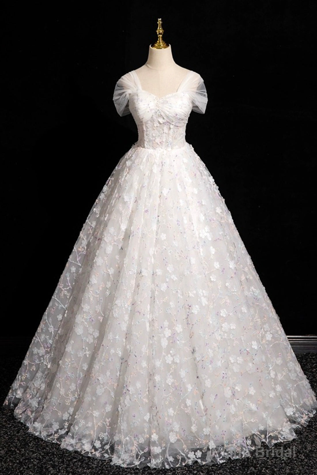 White Tulle Flowers Floor Length Prom Dresses, Beautiful A-Line Backless Sweet 16 Formal Dresses