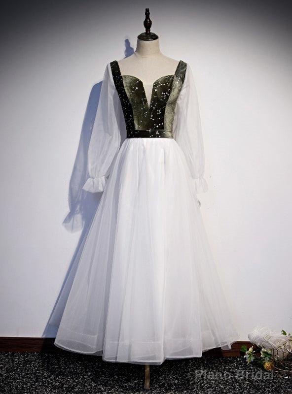 White Tulle Green Velvet Long Sleeve Square Prom Dress Main image