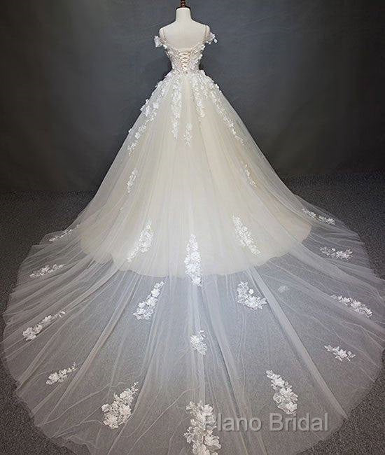 White Tulle Lace Applique Long Formal Prom Dresses, White Lace Wedding Dresses