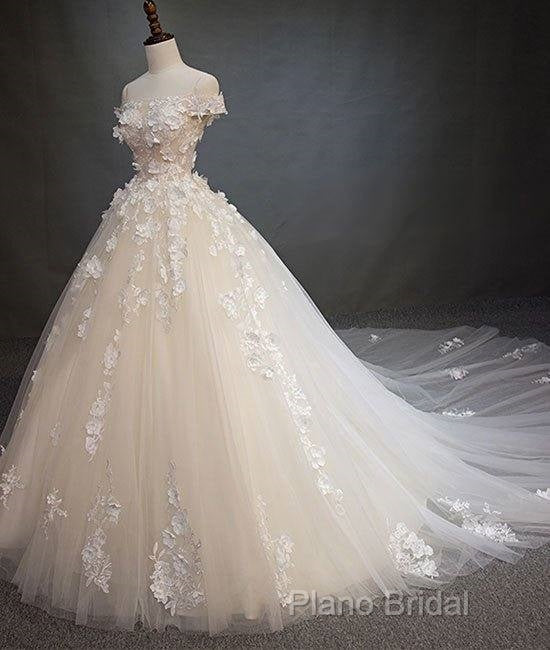White Tulle Lace Applique Long Formal Prom Dresses, White Lace Wedding Dresses