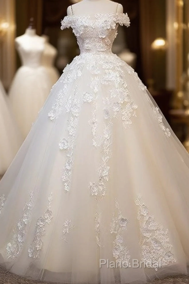 White Tulle Lace Applique Long Formal Prom Dresses, White Lace Wedding Dresses Main image
