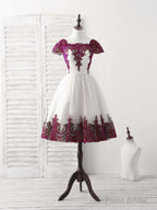 White Tulle Lace Applique Short Prom Dress, Tulle Homecoming Dress