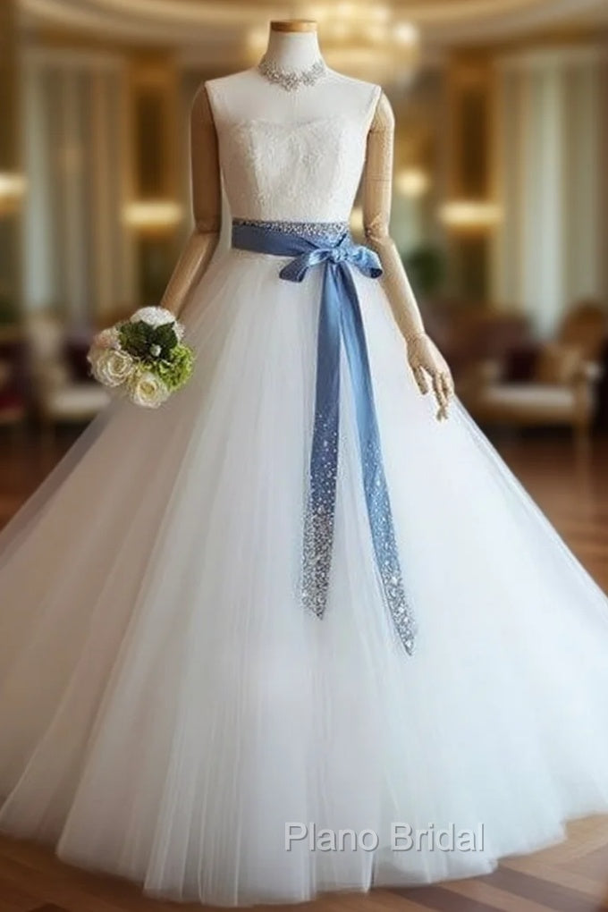 White Tulle Lace Long Pom Dresses, White Tulle Wedding Dresses Main image