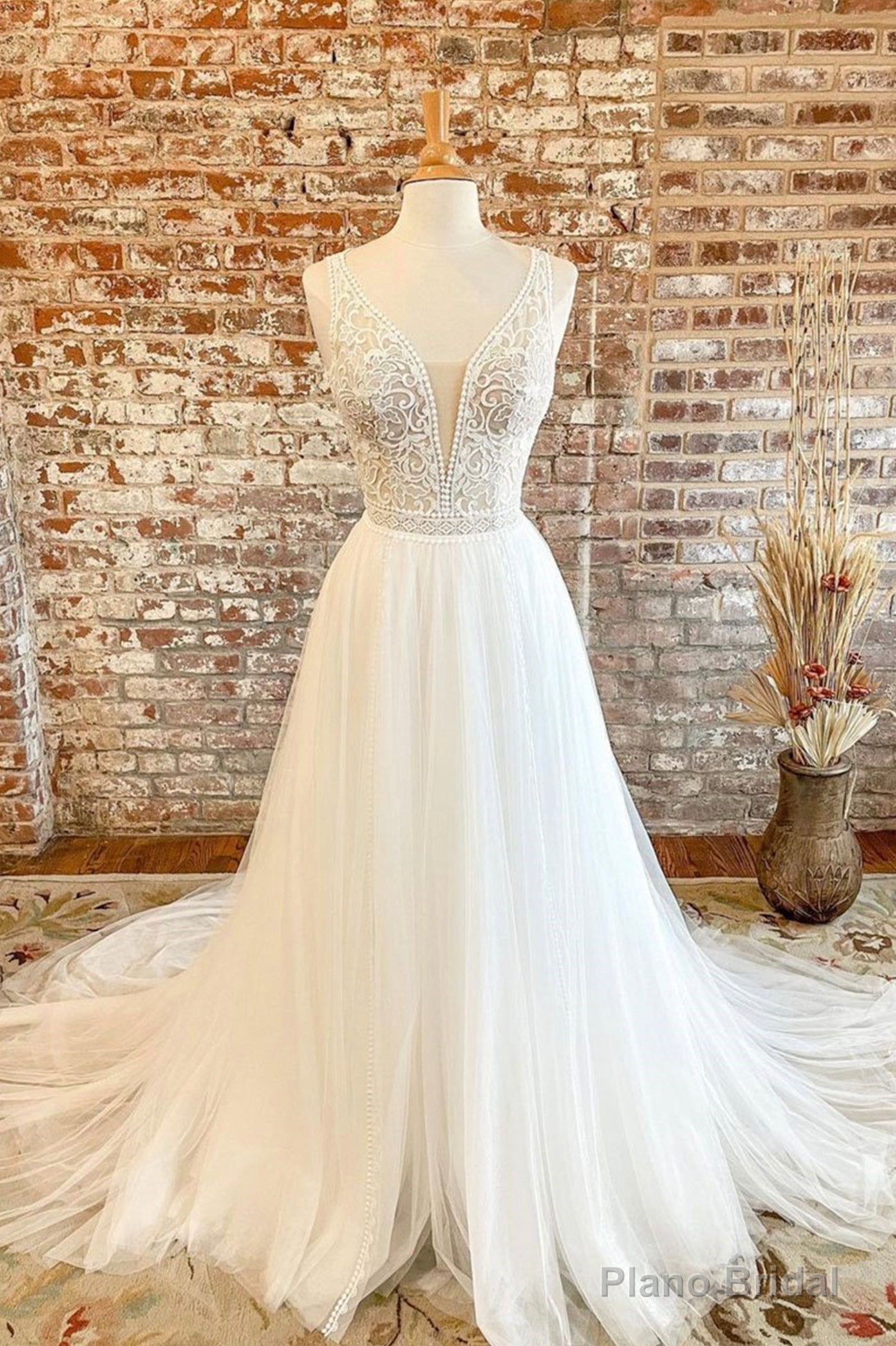 White Tulle Lace Long Prom Dress, A-Line V-Neck Formal Evening Dress Main image
