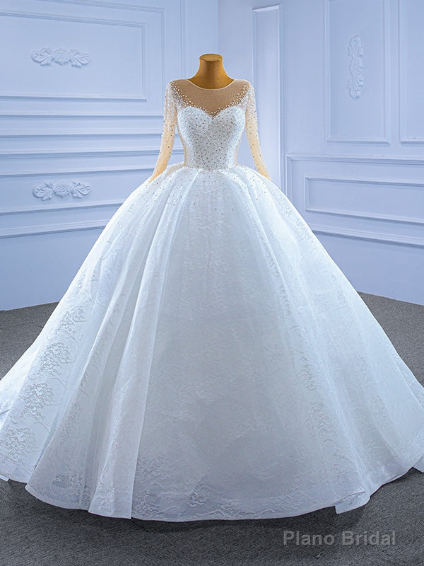 White Tulle Lace Long Sleeve Beading Wedding Dress